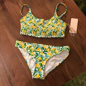 Cabana del Sol Green Lemon Smocked Scoop-Neck Bikini